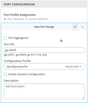 Port Configuration interface for assigning profiles, defining port ranges, enabling aggregation or dynamic configuration, and adding descriptions.