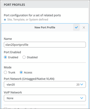 Configuration interface for creating a new port profile with fields for name, port enabled toggle, mode options trunk or access, port network dropdown for VLAN selection, and VoIP network dropdown set to none.