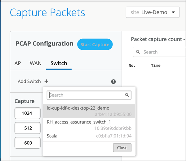 User interface for a network packet capture tool with tabs for AP, WAN, and Switch, dropdown for switch selection, Start Capture button, capture size options, captured packet count section, and search bars.