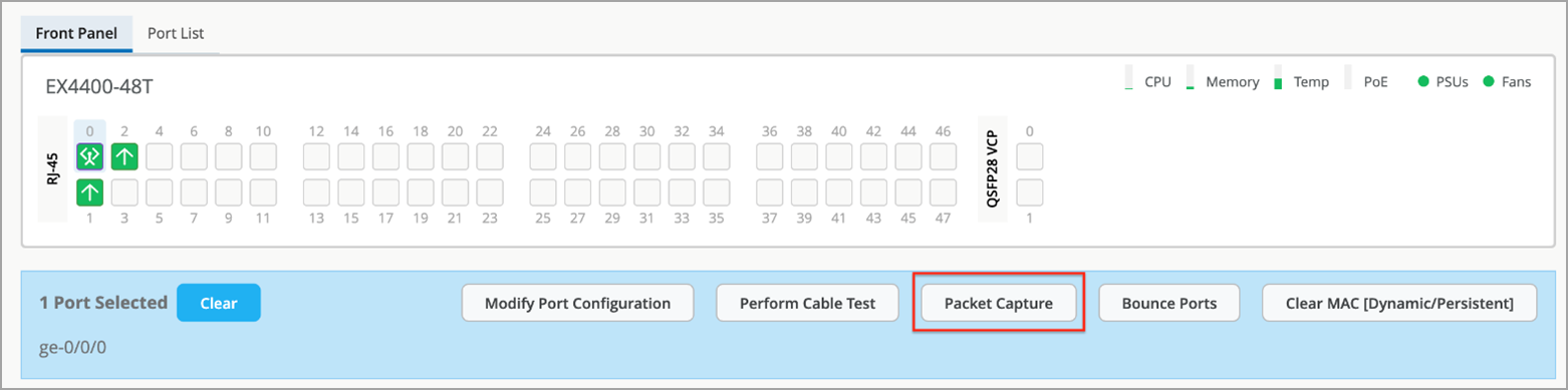 Graphical user interface for managing EX4400-48T network switch showing front panel view with active ports, selected port ge-0/0/0, and actions including Modify Port Configuration, Cable Test, Packet Capture, Bounce Ports, and Clear MAC. Status indicators for CPU, Memory, Temperature, PoE, PSUs, and Fans show normal operation.
