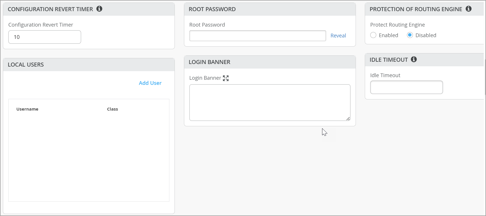 Configuration interface with sections for revert timer set to 10, root password, routing engine protection disabled, local user management, login banner, and idle timeout settings.