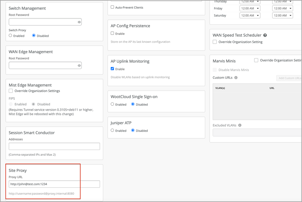 Configuration interface for network management system with settings for switch management, WAN edge, Mist edge, session conductor, site proxy, AP features, WootCloud, Juniper ATP, speed tests, and Marvis Minis.