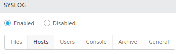 SYSLOG settings interface with a toggle to enable or disable SYSLOG and tabs for Files, Hosts, Users, Console, Archive, and General. Hosts tab is selected.