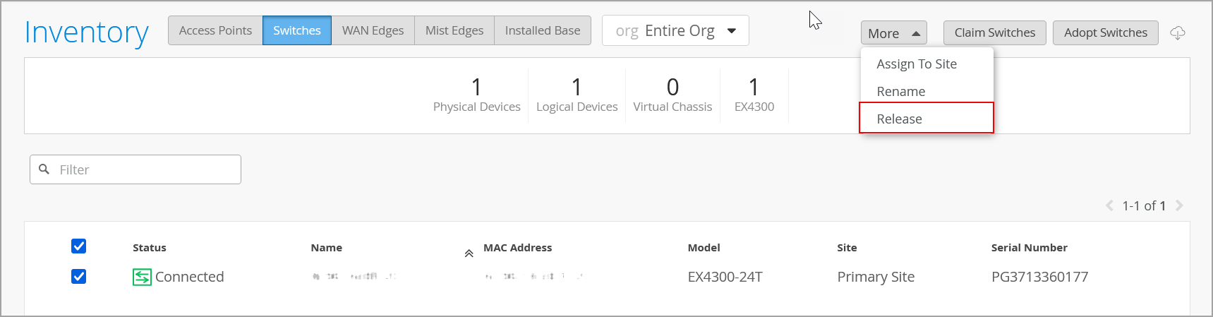 Network management interface showing switches section with tabs for device types, device summary, connected switches table, and options like assign to site, rename, and release.