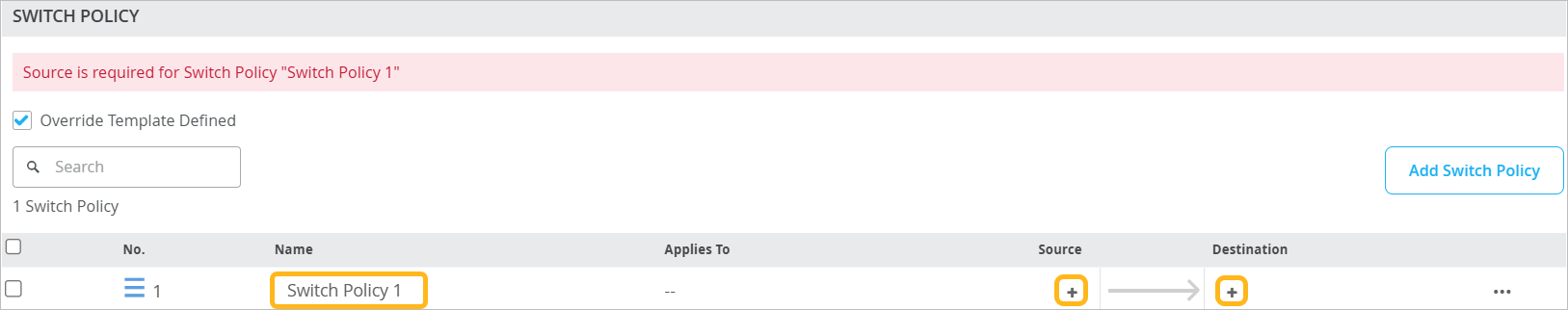Switch Policy interface with title SWITCH POLICY, error message Source is required for Switch Policy Switch Policy 1, checked Override Template Defined checkbox, search bar, policy table with columns No, Name, Applies To, Source, Destination, and Add Switch Policy button.