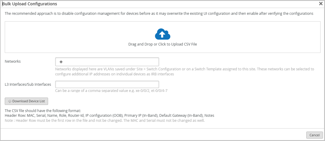 Bulk Upload Configurations interface for network management tool, featuring options to upload a CSV file, select networks, specify L3 interfaces, download device list, and view CSV format instructions.