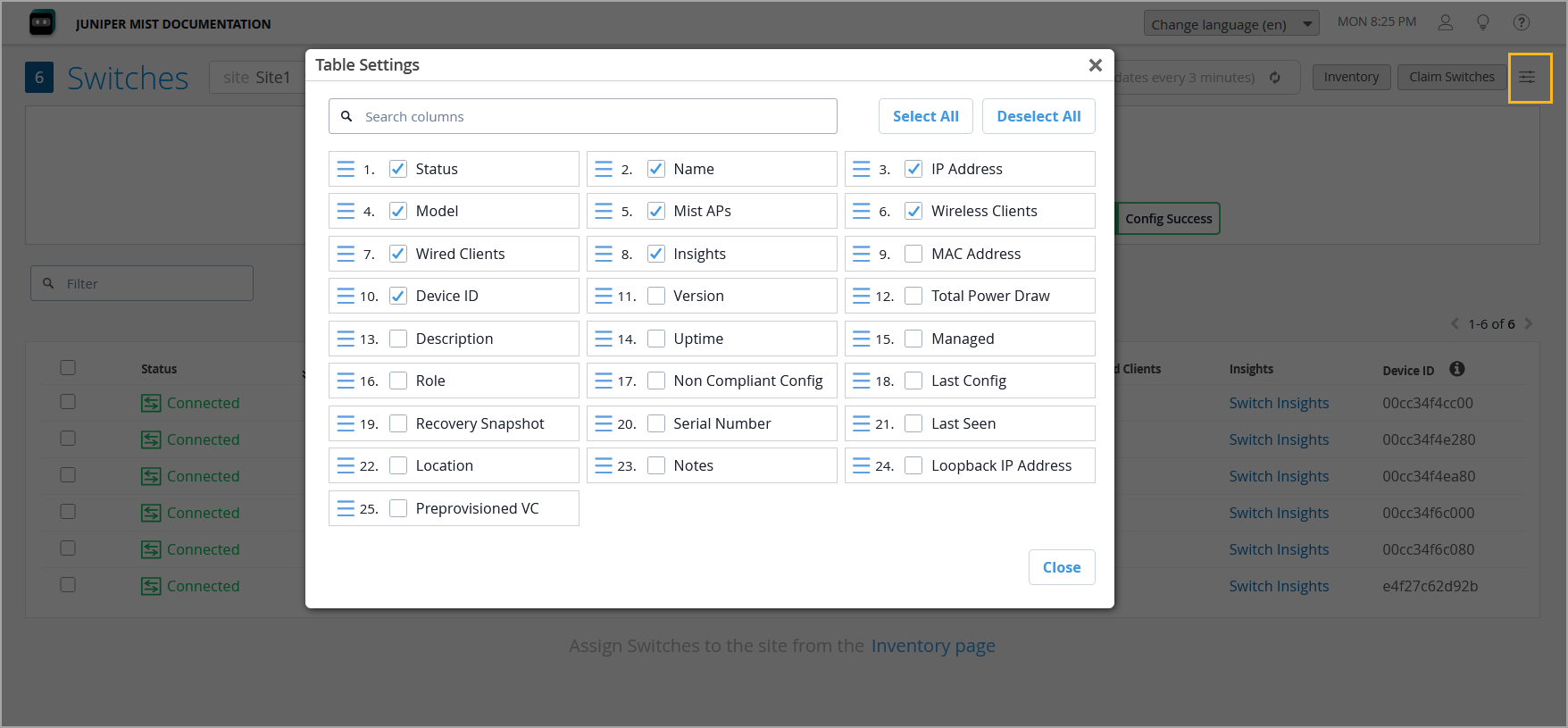 Table Settings dialog box for managing switch columns in Juniper Mist interface, with options like Status, Name, IP Address, Model, and connection details.