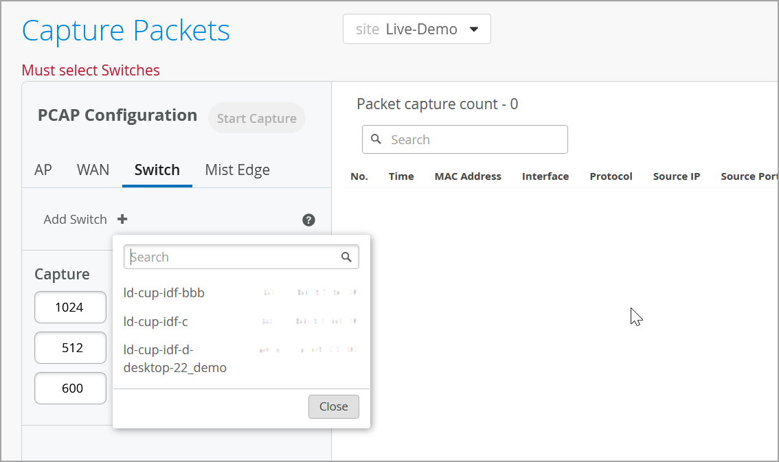 Capture Packets interface with options for PCAP configuration, tabs for network components, switch selection, capture sizes, search bar, and empty packet details table.