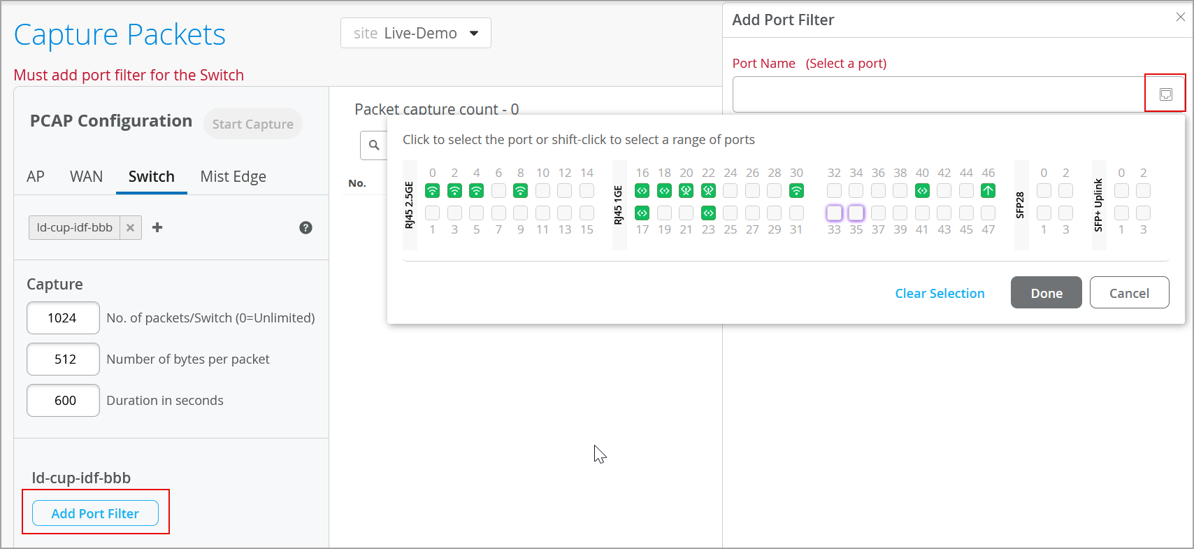 Network management interface for capturing packets on a switch. Options for packet count, byte size, duration, and port filter selection.