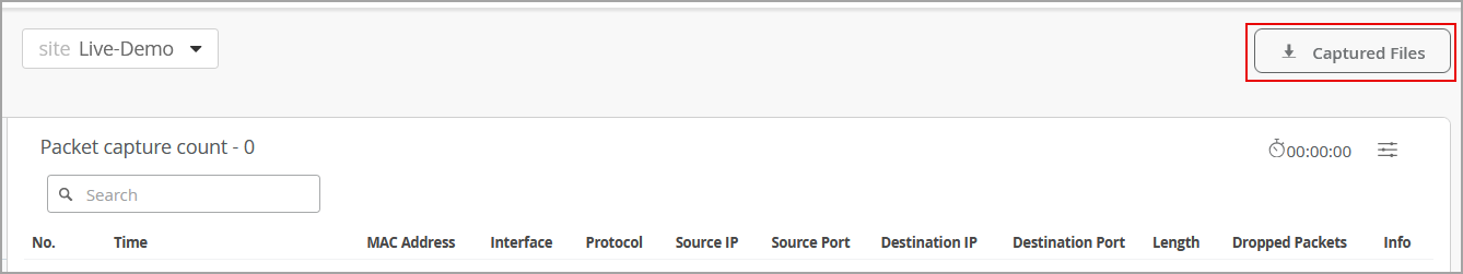 User interface for network traffic monitoring with site selection dropdown, packet capture count 0, search bar, and table headers for packet data. Captured Files button and timer at 00:00:00 indicate no activity yet.