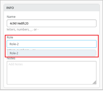 Form interface with fields for Name, Role, and Notes. Role field is highlighted with a red border, showing Role-2 selected.