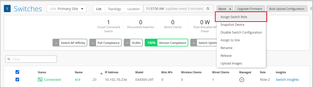 Network management interface displaying switch details including status, name, IP address, model, Mist APs, wireless clients, wired clients, role, version compliance, and menu options for management actions.