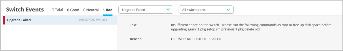 Upgrade Failed event log showing timestamp Jul 8, 01:39:07 PM. Failure due to insufficient switch space. Suggested commands: pkg setop rm previous, pkg delete old. Reason: OC FWUPDATE DSTCHECKFAILED.