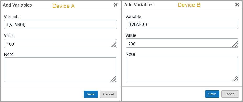 Side-by-side dialog boxes for setting VLAN variables. Device A: Variable VLAN0, Value 100, Save and Cancel buttons. Device B: Variable VLAN0, Value 200, Save and Cancel buttons. Configuration interface for VLAN settings.