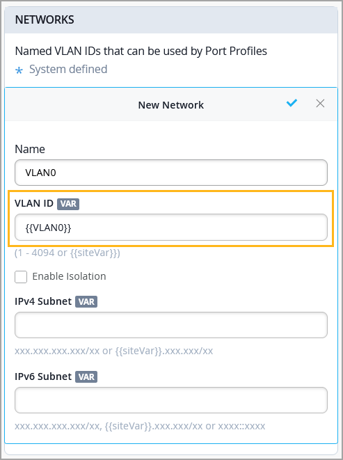 Configuration interface for creating a new network with fields for Name, VLAN ID, Enable Isolation checkbox, IPv4 Subnet, and IPv6 Subnet.