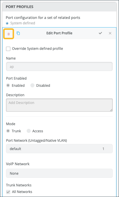 Port Profiles configuration interface in a network management system with options to override profiles, name ports, enable or disable ports, add descriptions, set port modes, select VLANs, choose VoIP networks, and configure trunk networks.