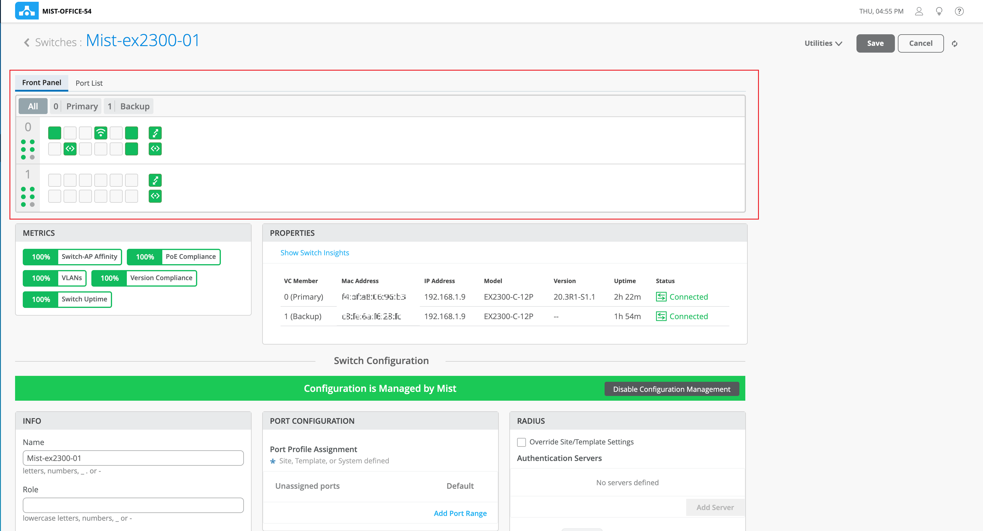 Network switch management interface showing Mist-ex2300-01 overview with metrics, properties, configuration options, port statuses, and RADIUS settings for monitoring and managing network performance.