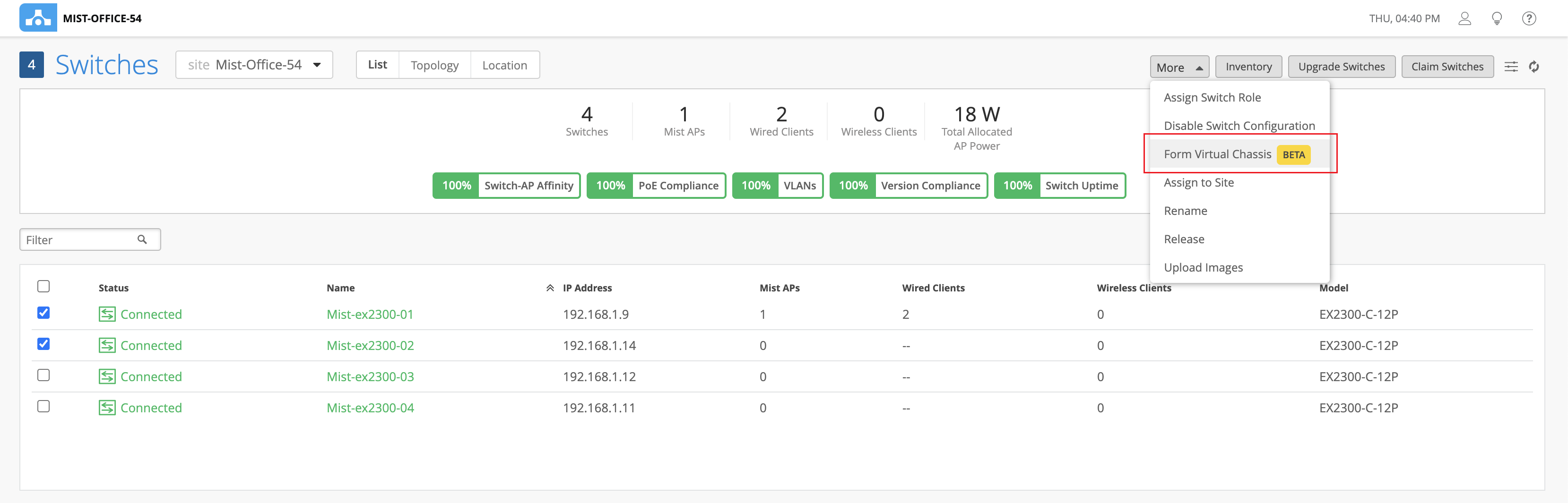 Network management interface displaying Mist-Office-54 site with 4 switches connected, 1 Mist AP, 2 wired clients, 0 wireless clients, total AP power 18W. Switch metrics like affinity, PoE compliance, VLANs, version compliance, and uptime are at 100 percent. Dropdown menu includes switch role assignment, disabling configuration, and virtual chassis options. Buttons for inventory, upgrade, and claim switches are visible.