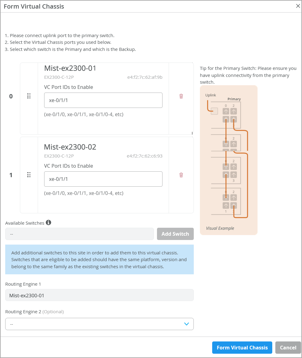 Configuration interface for forming a virtual chassis with Mist EX2300-C-12P switches. Includes options to connect uplink ports, select virtual chassis ports, designate primary and backup switches, and set routing engines. Features dropdown for adding switches, diagram for connection example, and buttons to apply or cancel configuration.