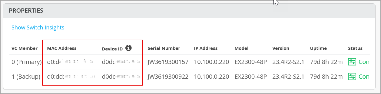 Network device management interface displaying properties of two devices in a Virtual Chassis setup, including roles, MAC addresses, IDs, serial numbers, IPs, models, versions, uptime, and statuses.