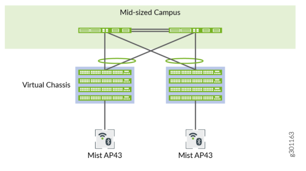 Network topology for mid-sized campus showing core infrastructure, virtual chassis switches for redundancy, and Mist AP43 access points for Wi-Fi and Bluetooth connectivity.