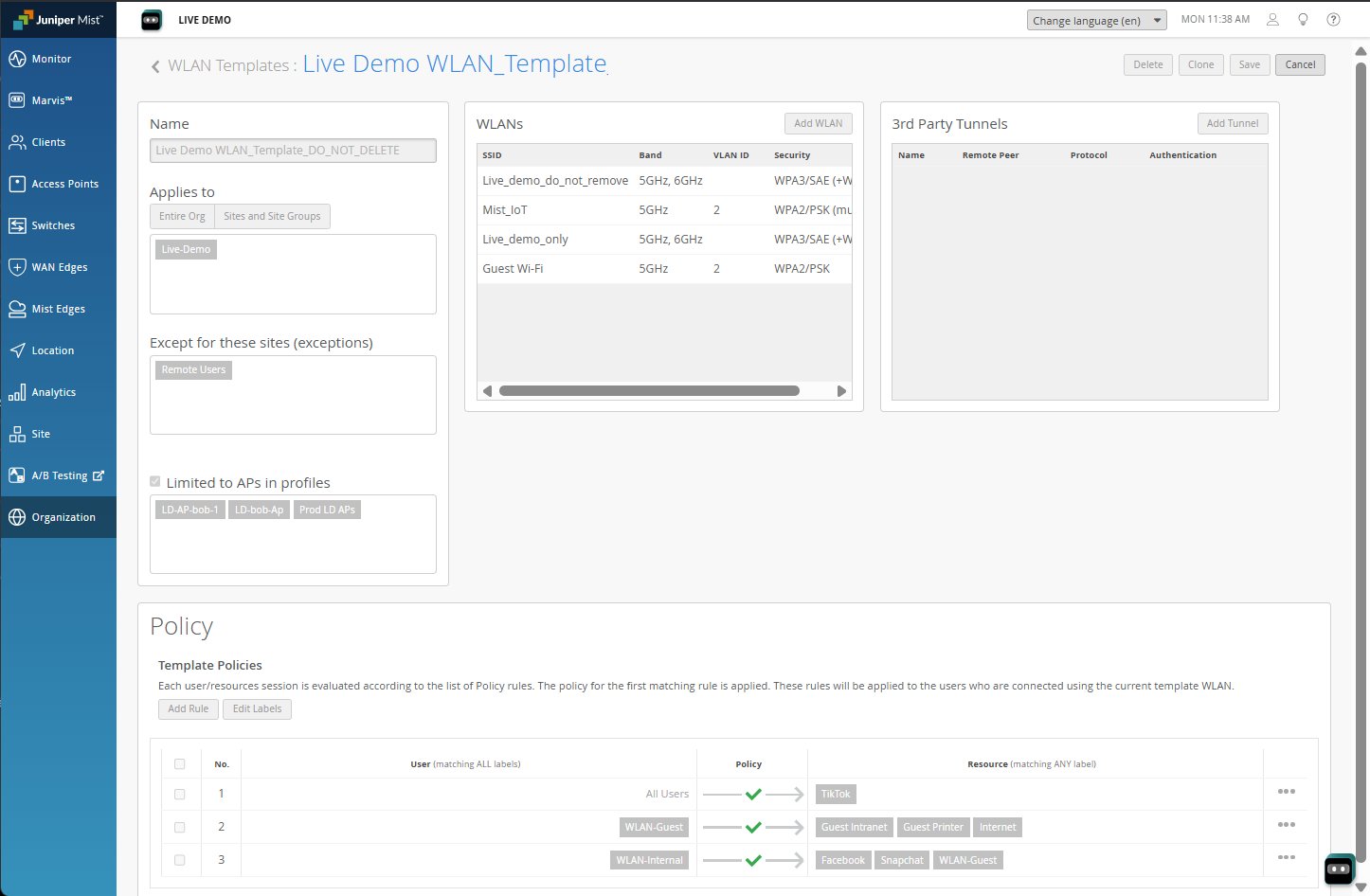 User Policy in a WLAN Template