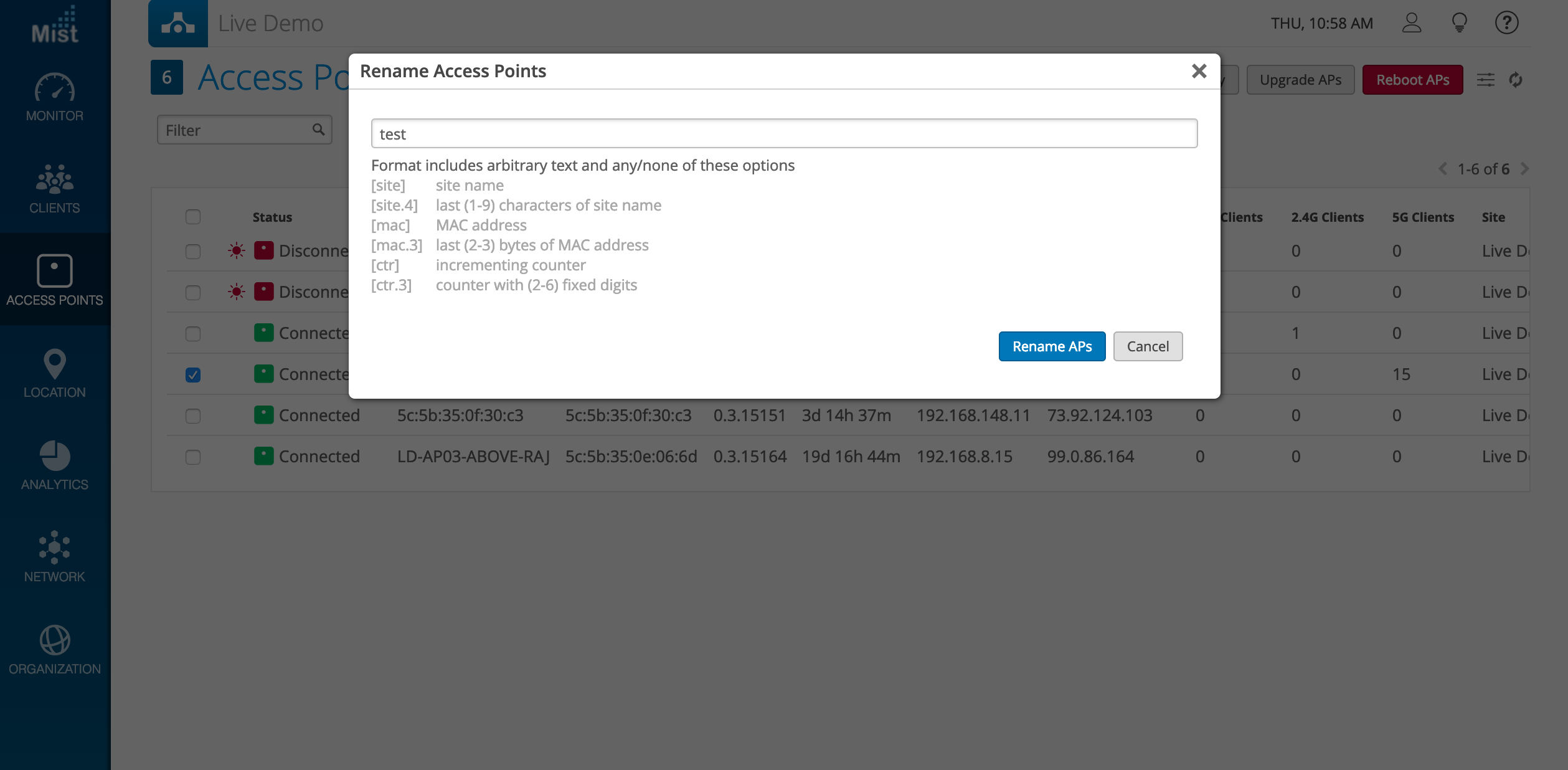 Mist network management interface showing Rename Access Points pop-up with options for site name, MAC address, and counter.