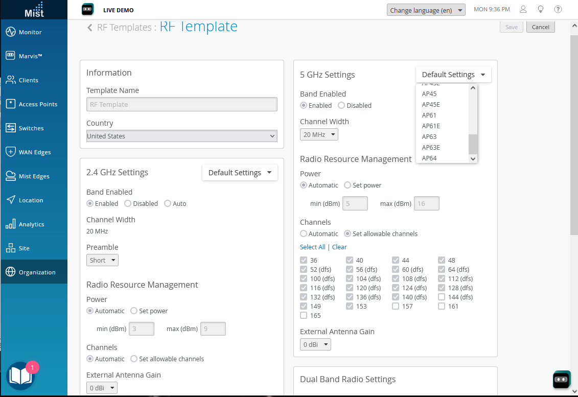 Org-wide Radio Settings per AP Model via RF Template