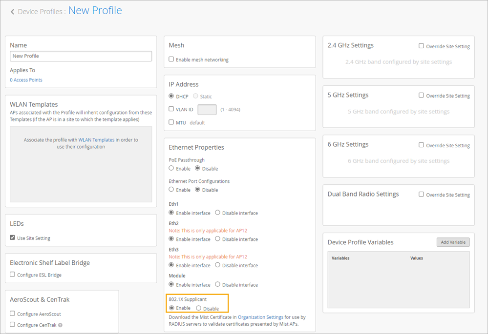 802.1X Supplicant Option on the Device Profile Page