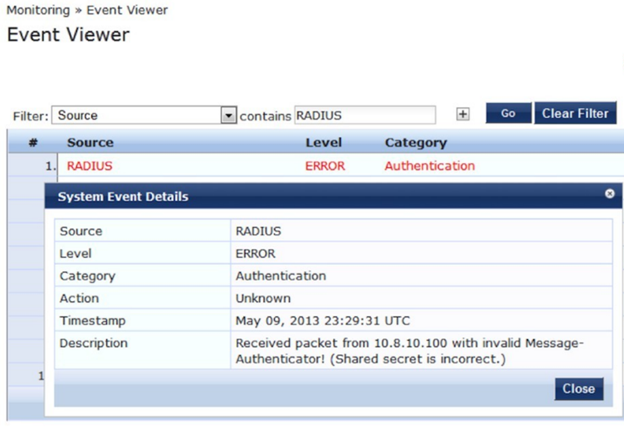 Example: Shared Secret Error in ClearPass
