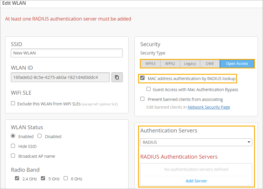 MAC Authentication in the Edit WLAN Window