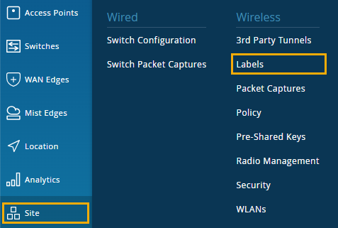 Network management dashboard with a sidebar menu including options like Access Points, Switches, and Site highlighted in orange. Main menu shows Wired and Wireless options, with Labels highlighted.