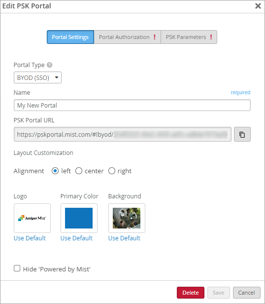 Configuration interface for editing a PSK portal showing options for portal type, name, URL with copy button, layout customization including alignment, logo, primary color, background, hide branding checkbox, and action buttons for delete, save, and cancel. Tabs for Portal Settings, Portal Authorization, and PSK Parameters are visible, with exclamation icons on the latter two.
