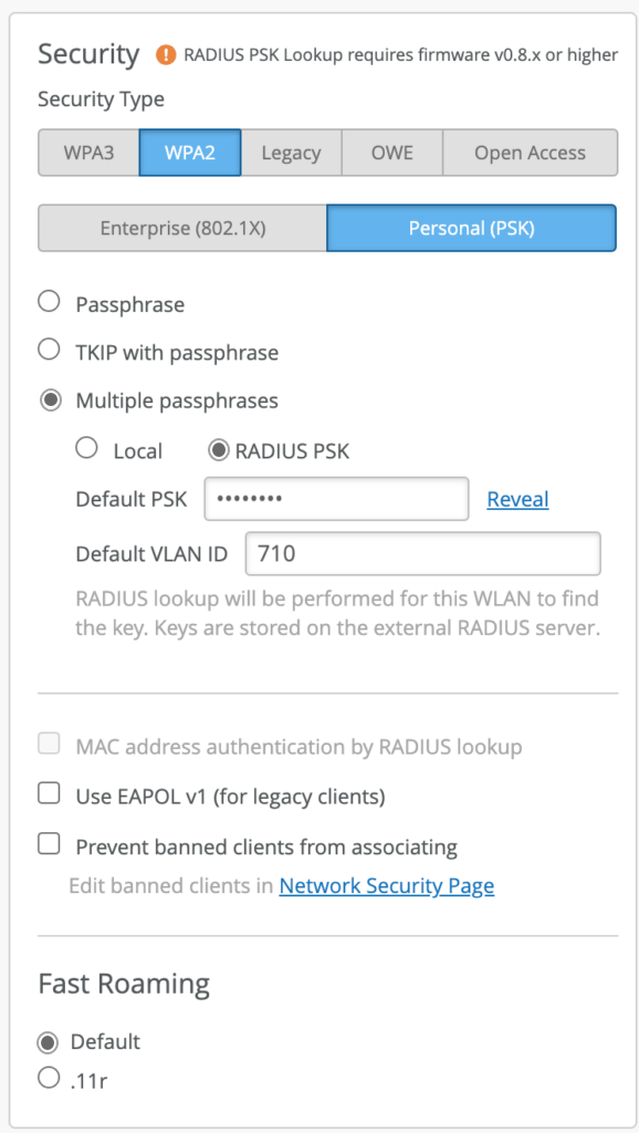 Multiple Passphrases - RADIUS PSK Option Selected