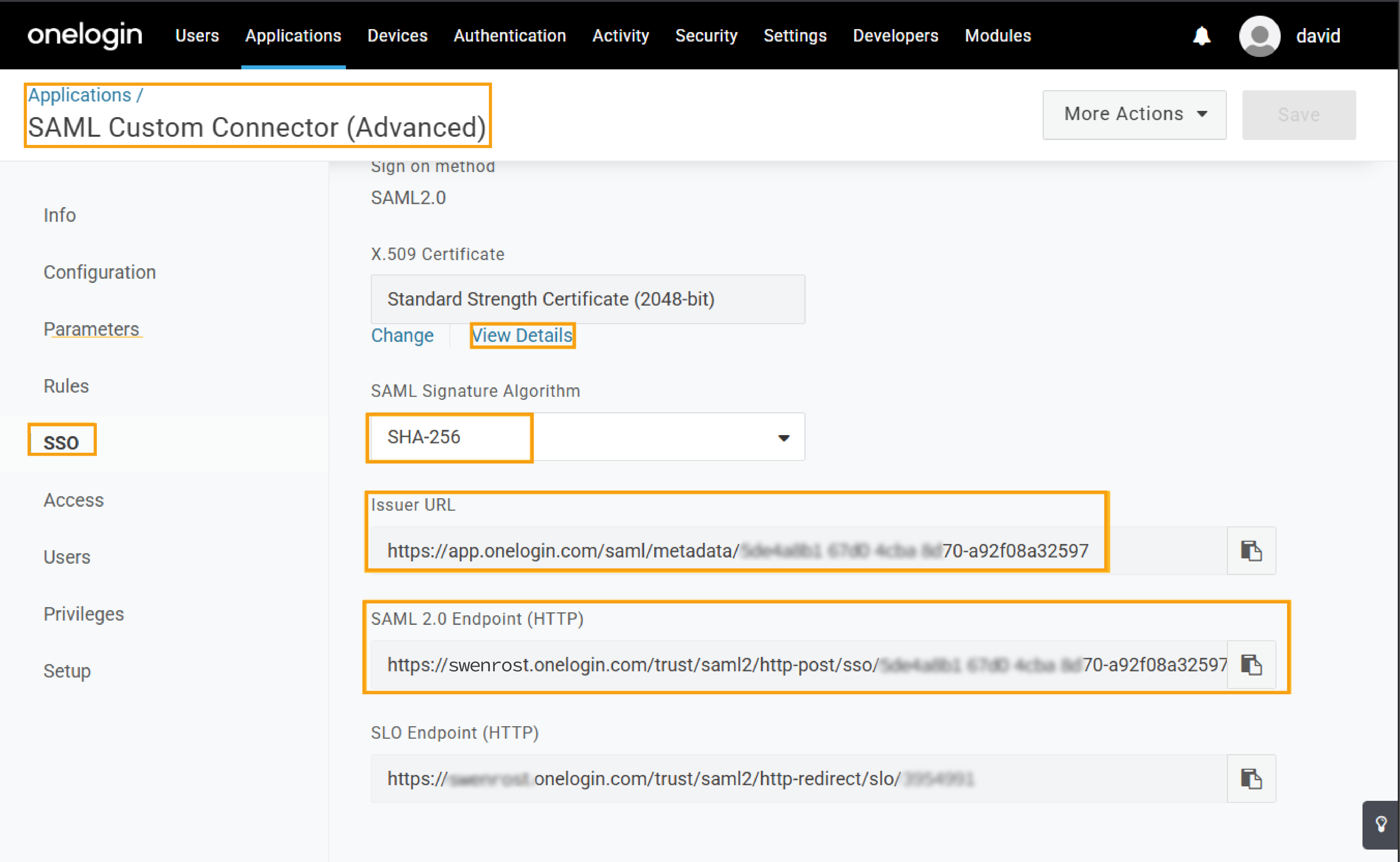 OneLogin SAML App SSO Configuration Screen