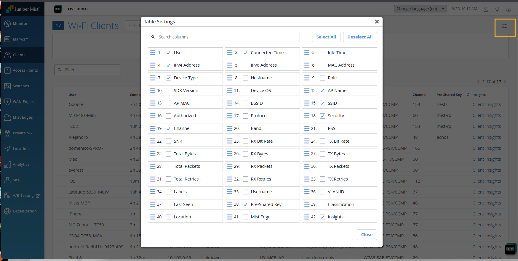 Wi-Fi client management interface showing a table of connected clients with details like user, connection time, and channels. A Table Settings dialog allows column customization.