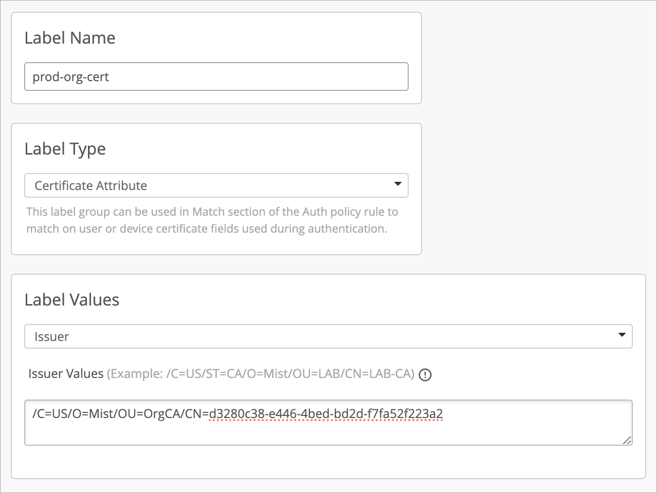 Certificate Attribute Label Name, Type, and Value
