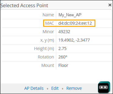 cropped image of the floorplan screen, focusing on the MAC address in the Selected Access Point section