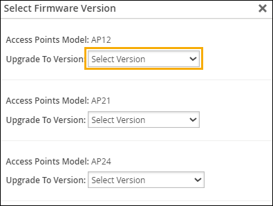 Select Firmware Version window and Select Version dropdown menu
