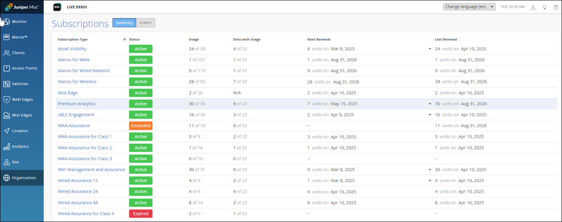 Juniper Mist subscription management dashboard showing subscription types, statuses, usage, renewal dates, and navigation menu.