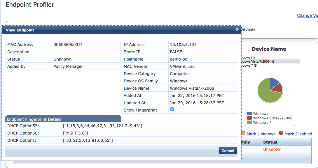 Endpoint Profiler interface showing device details: MAC 0050569b037f, IP 10.105.5.137, Hostname demo-pc, MAC Vendor VMware Inc, Device OS Windows Vista/7/2008, Status Unknown.