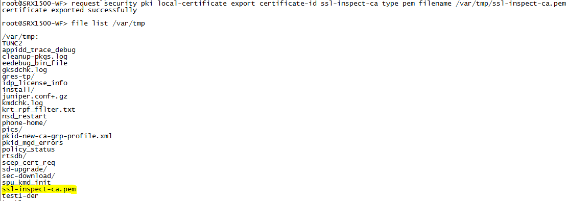 Command-line interface showing Juniper SRX command execution exporting local certificate ssl-inspect-ca to /var/tmp directory and confirming success.