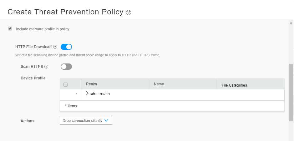 Create Threat Prevention Policy interface with malware profile checkbox selected; HTTP File Download enabled; HTTPS scan disabled; Device Profile table with realm sdsn-realm; action set to Drop connection silently.
