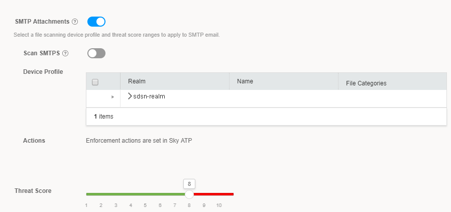 Email security settings page with SMTP attachments scan on, SMTPS scan off, device profile sdsn-realm with 1 item, Sky ATP enforcement actions, and threat score slider at 8 on a 1-10 scale.