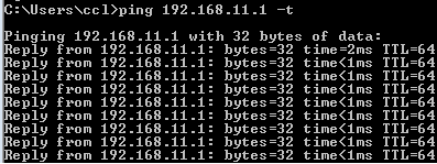 Command prompt showing ping command to 192.168.11.1 with -t option, replies under 1 ms, TTL 64.