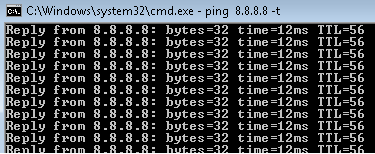 Command prompt window executing ping 8.8.8.8 command with continuous ping requests showing 12ms response time and TTL 56.