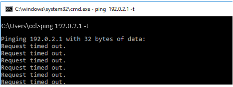 Windows Command Prompt with 'ping 192.0.2.1 -t' shows repeated 'Request timed out' messages, indicating unreachable IP address.