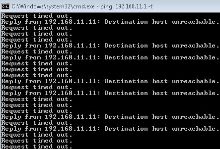 Ping command output showing continuous requests to IP 192.168.11.1 failing with "Request timed out" and "Destination host unreachable" errors.