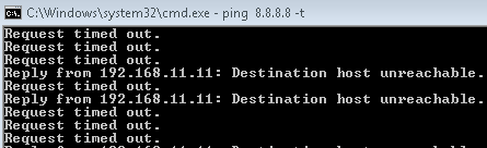 Windows Command Prompt running ping 8.8.8.8 -t shows network issues with request timed out and destination host unreachable from 192.168.11.11.