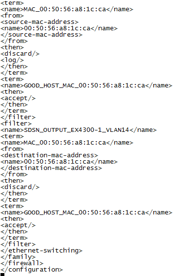 Configuration code for a network device defining firewall rules using MAC address filtering. Includes actions like discard, log, and accept, with filters applied to specific traffic flows.